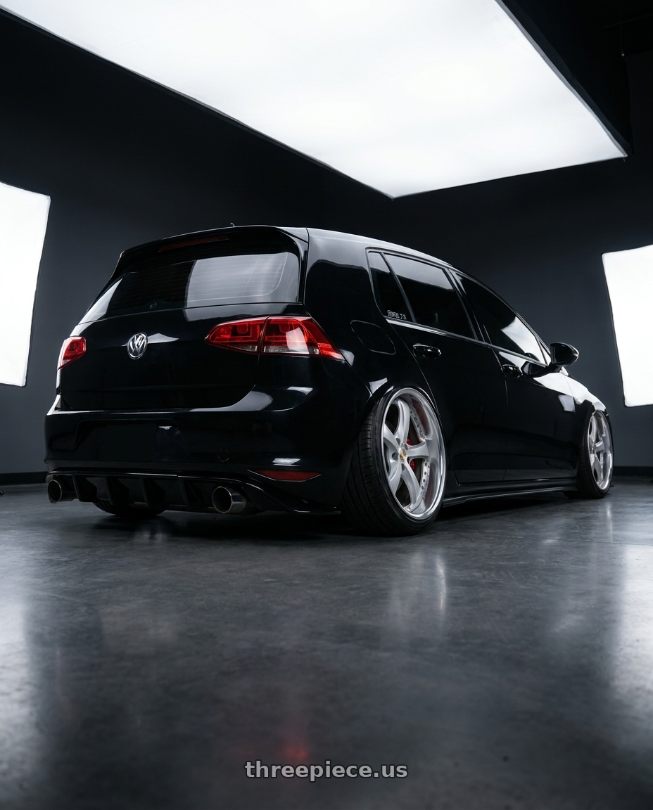 2018 VW GTI with Work Wheels VS-KF 5x100 18x8.5+34 Light Grey Silver A Disk FULL REVERSE wheels rear three quarter view extreme stretch tires