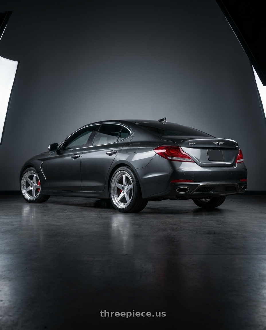 2019 Genesis G70 with Aodhan DS05 5x100 18x9.5+35 Silver w/Machined Face wheels rear three quarter view square tires