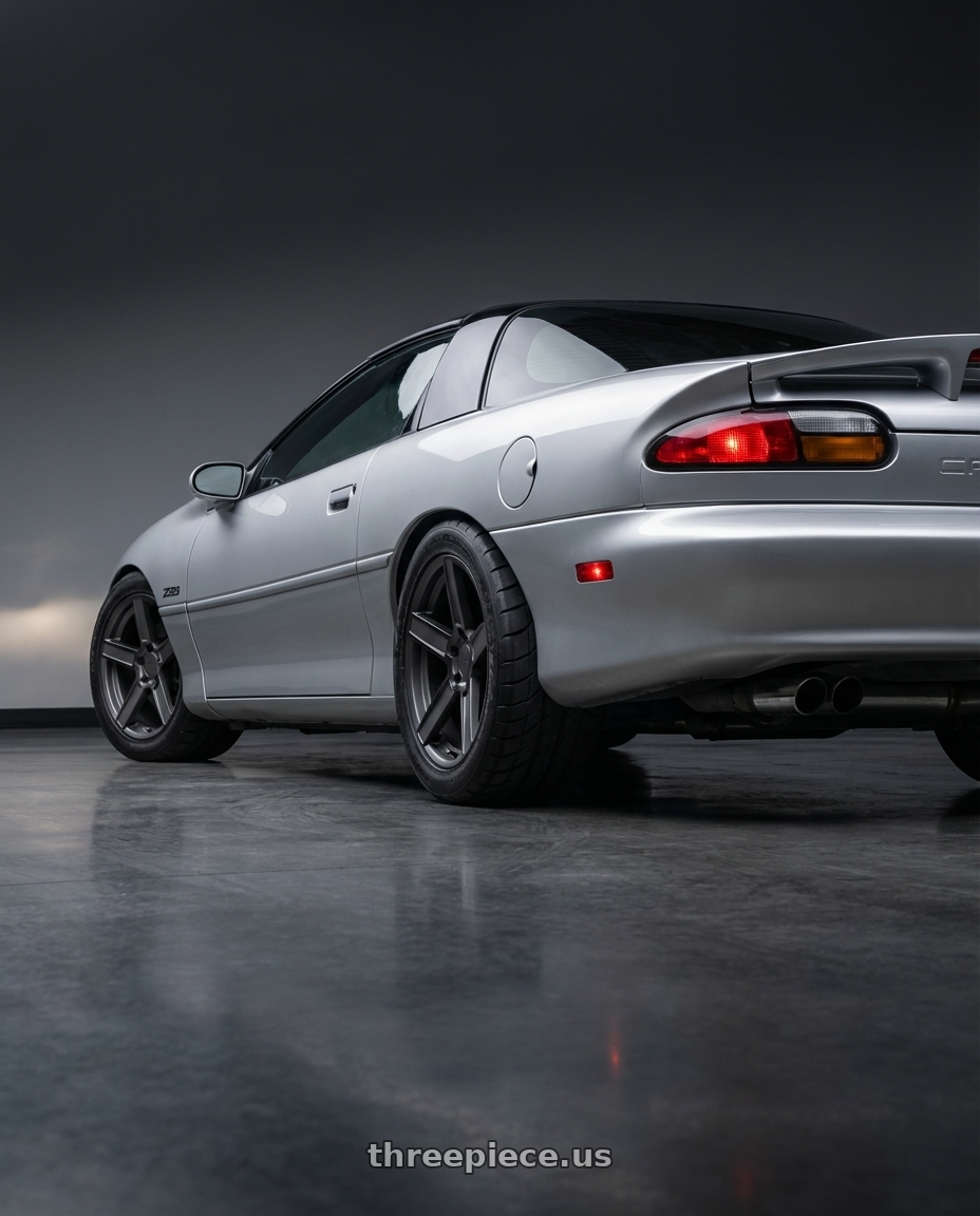 2002 Chevrolet Camaro Z28 with TSW ASCENT 5X112 17X8 +45 MATTE GUNMETAL W/ GLOSS BLACK FACE wheels rear three quarter view meaty tires