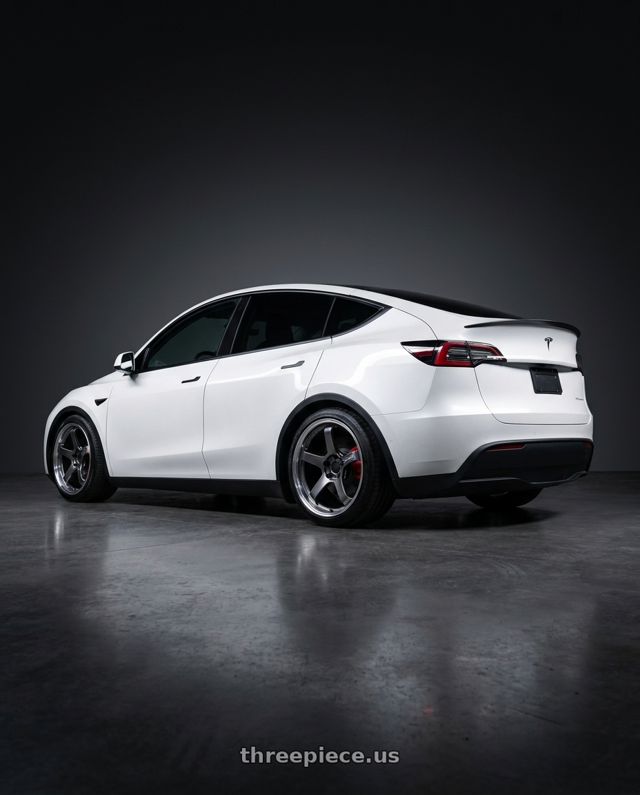 2024 Tesla Model Y Performance with Advan Racing GT BEYOND 5x114.3 19x10.0 +35 MACHINING & HYPER PLATINUM BLACK wheels rear three quarter view square tires