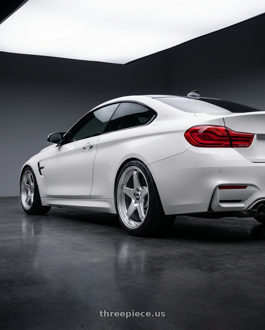 2018 BMW M4 F82 with ESR Wheels APEX SERIES AP5 5x120 19x9.5 +35 Hyper Silver wheels rear three quarter view square tires