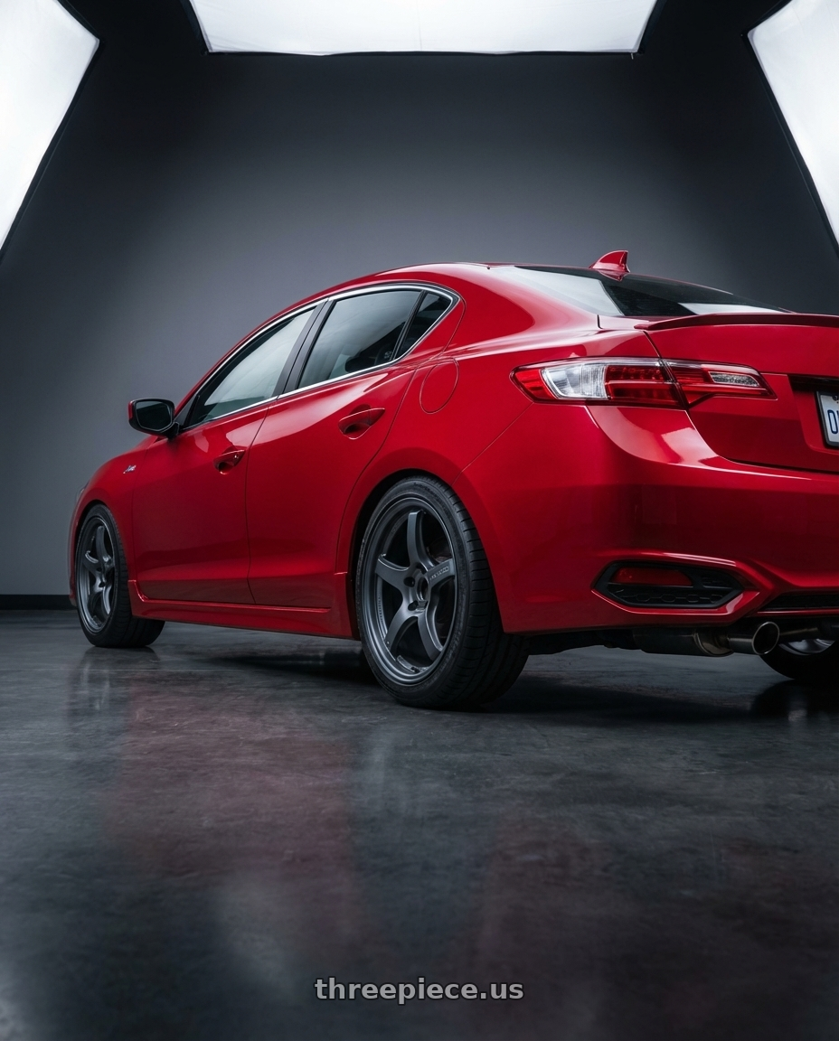 2012 Acura ILX with Gram Lights 57CR 5x114.3 17x9+22 Gunblue II wheels rear three quarter view square tires