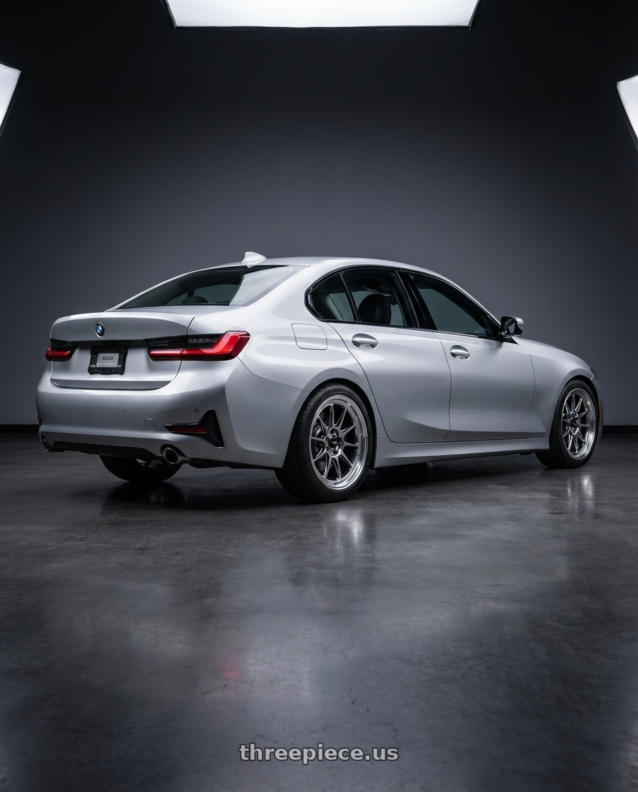 2023 BMW 3 Series G20 with Konig Countergram 5x112 19x8.5+43 Hyper Chrome / Machined Lip wheels rear three quarter view square tires