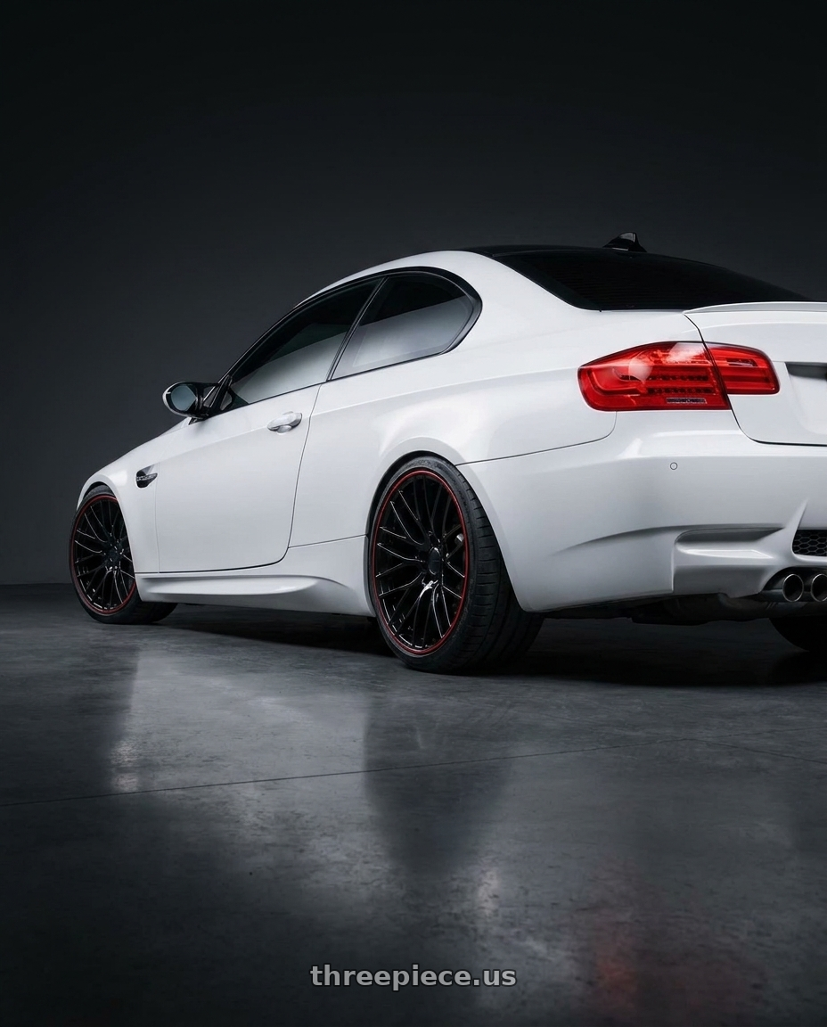 2011 BMW M3 with OE Wheels CV08B 5x120.65 19x10+79 Black wheels rear three quarter view square tires