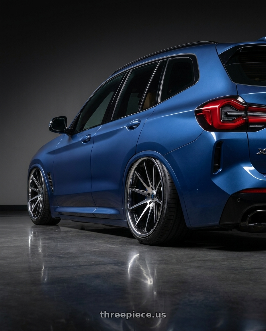 2023 Bmw g01 x3 with Rohana RFC10 5x108 20x9+40 Machine Black/Chrome Lip wheels rear three quarter view slight stretch tires