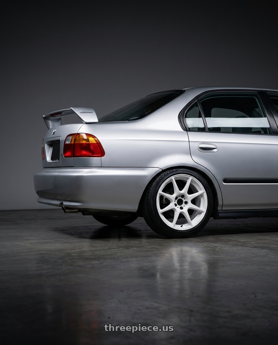 1999 honda civic with Work Mco Racing 5x114.3 18x8+35  White wheels rear three quarter view slight stretch tires