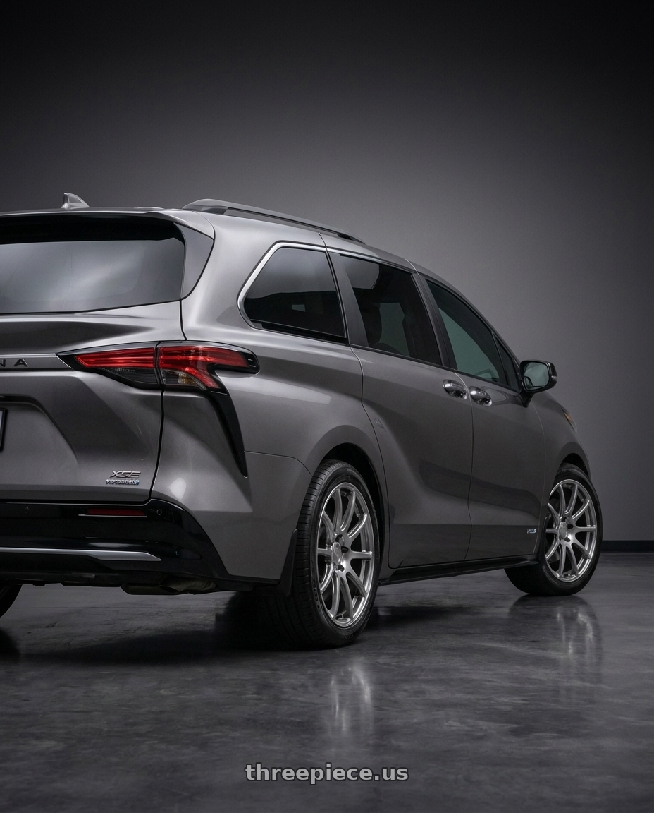 2026 toyota sienna xse with Work Emotion T7r 5x100 18x8.5 +38 Gt Silver wheels rear three quarter view square tires
