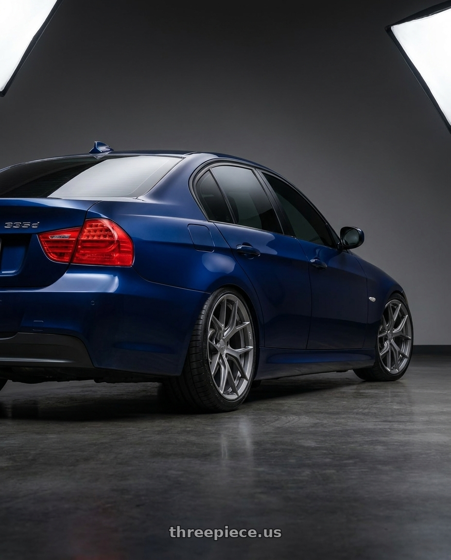2011 bmw 335d with MRR FS6 5x120 19x9.5  +35 Gloss Gun Metal wheels rear three quarter view square tires