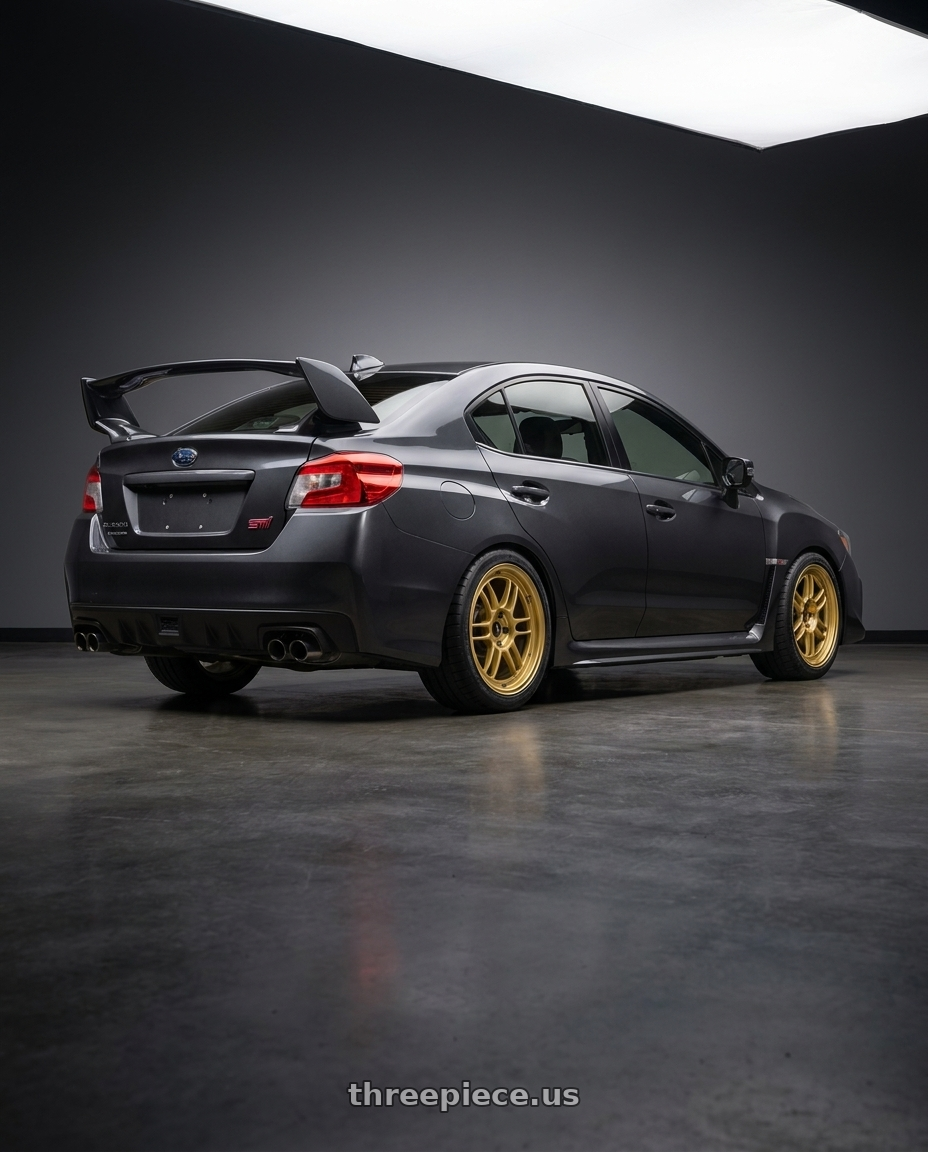 2021 Subaru WRX with Enkei RPF1 5x114.3 17x9+45 Gold wheels rear three quarter view square tires