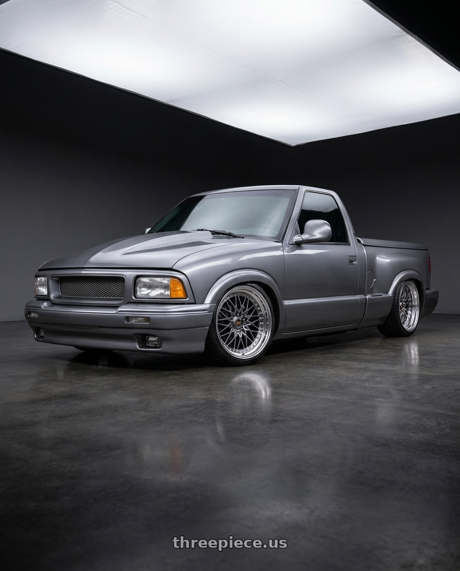 1994 GMC Sonoma with Work Vs-Xv 5x120.65 20x9+28 A Disk Brilliant Silver Black wheels front three quarter view lowered stance