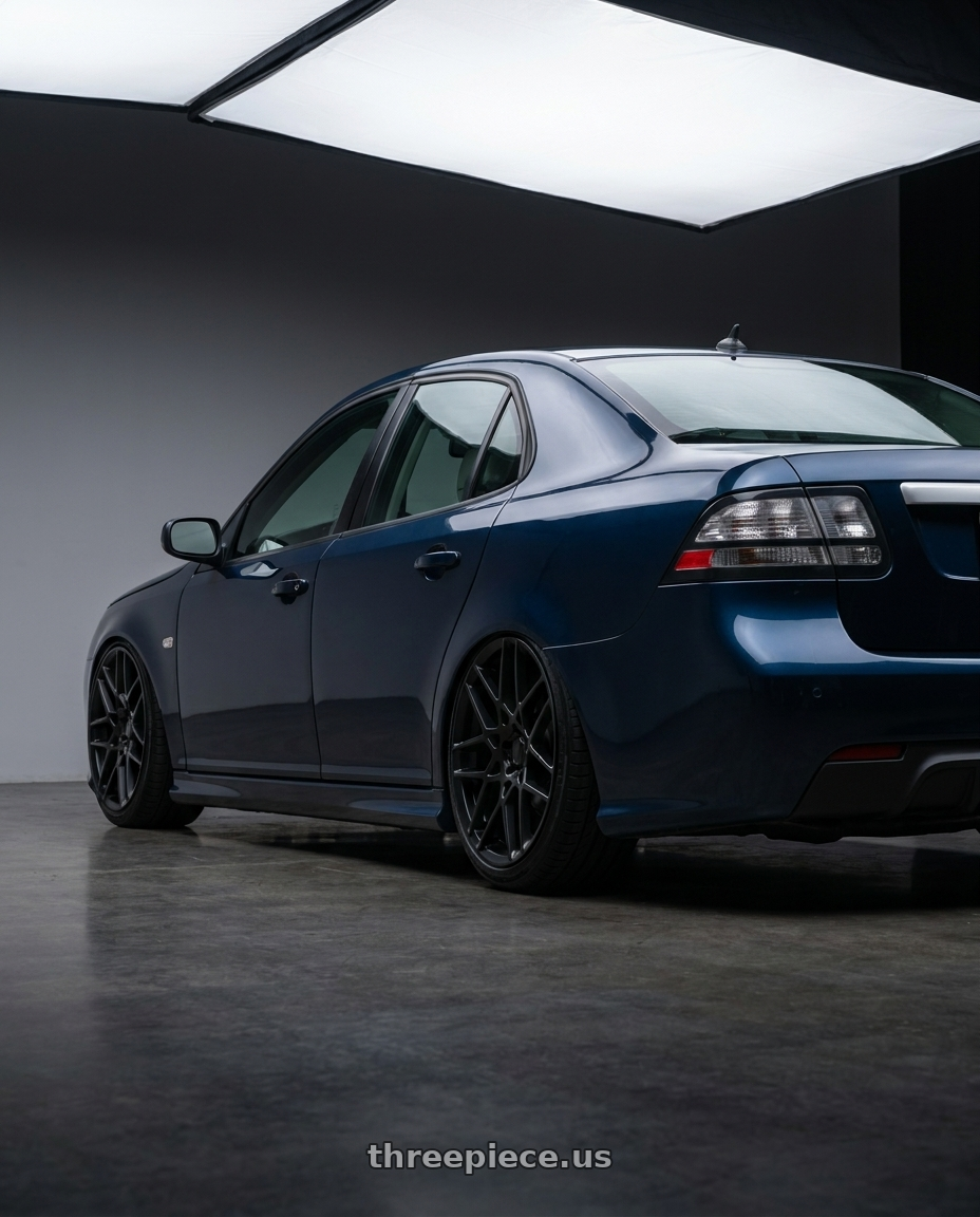2010 Saab 9 3 with REPLICA WHEELS R238 5x114.3 20x8.5+35 BLACK - SATIN BLACK wheels rear three quarter view slight stretch tires