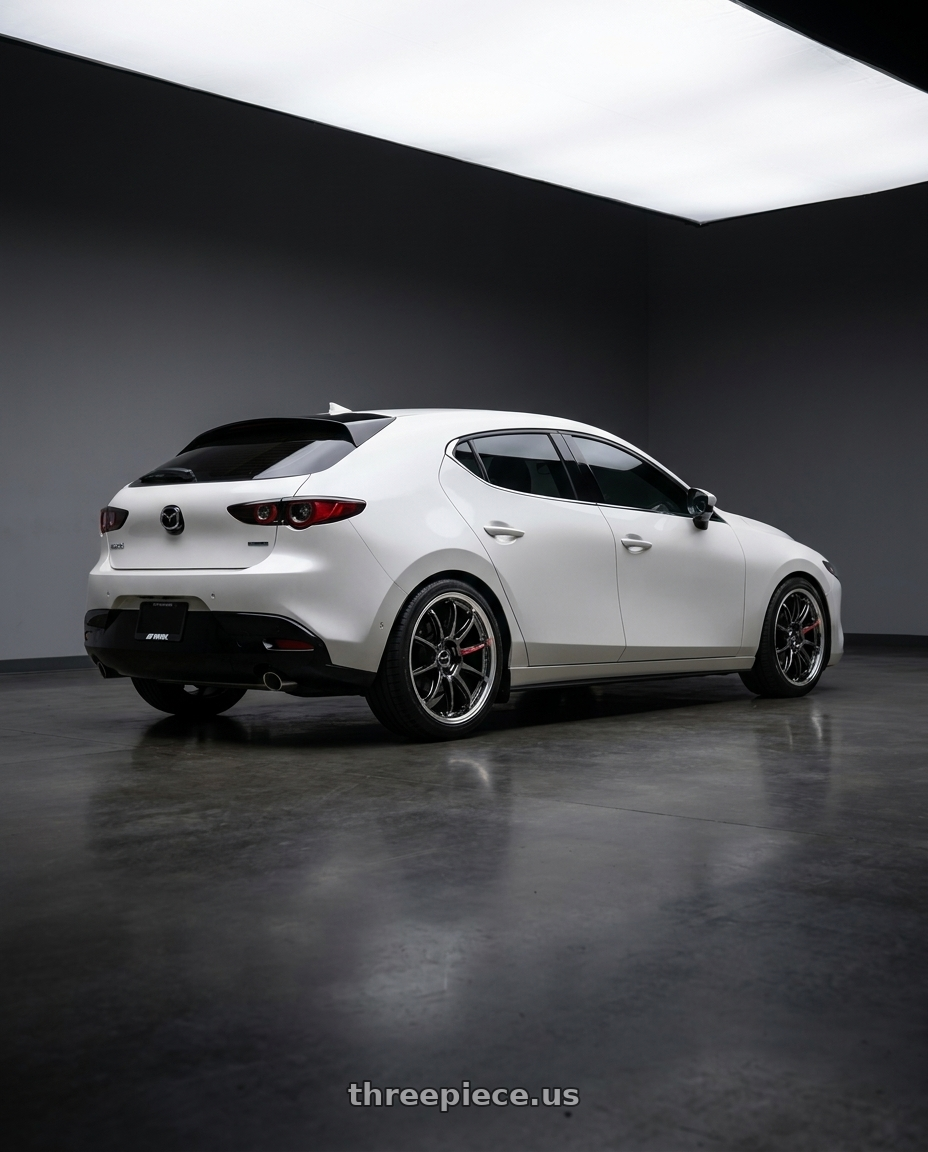 2022 Mazda Mazda 3 Premium HB with Work Emotion Zr10 5x114.3 19x8.5 +38 Glim Black Diamond Rim cut wheels rear three quarter view square tires