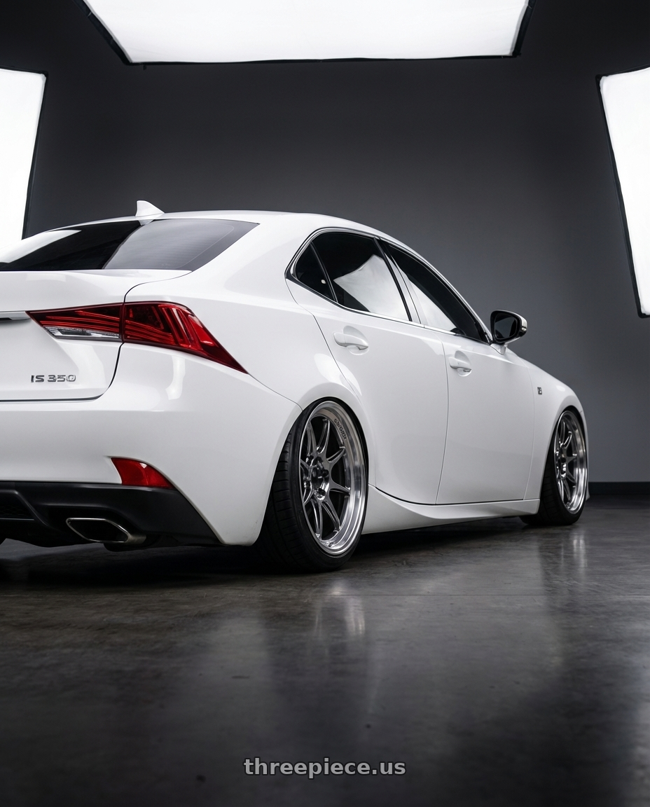 2018 Lexus IS 350 F Sport with Konig Countergram 5x114.3 19x9.5+35 Hyper Chrome / Machined Lip wheels rear three quarter view slight stretch tires