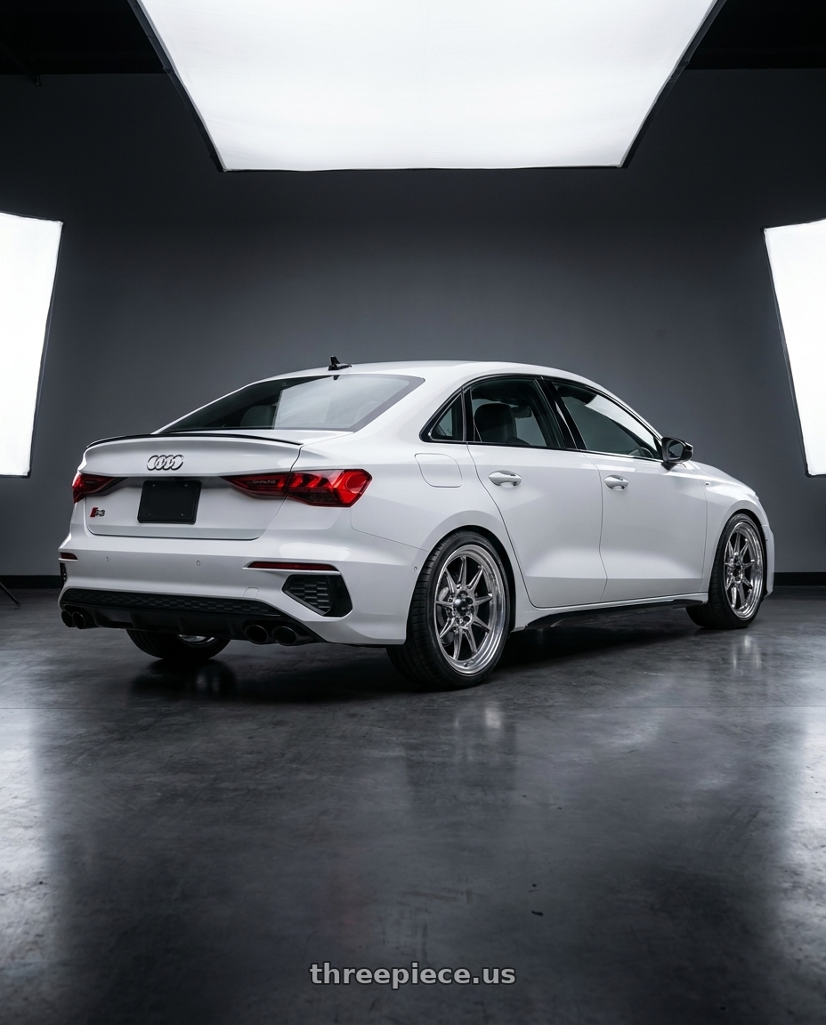 2024 Audi S3 8Y with Konig Countergram 5x112 19x8.5+43 Hyper Chrome / Machined Lip wheels rear three quarter view square tires