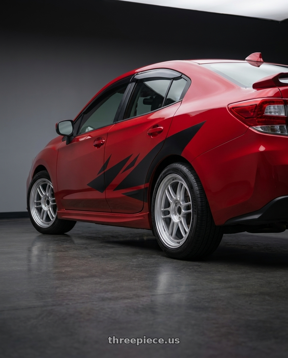 2018 subaru impreza base sedan with Enkei RPF1 5x100 18x8+45 Silver wheels rear three quarter view square tires