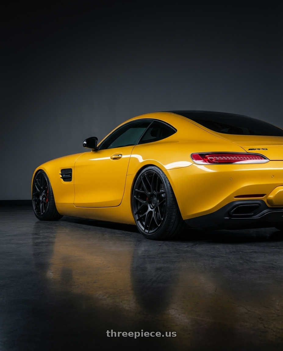 2019 Mercedes-Benz AMG GT with Aodhan AFF2 5x112 20x9+30 Matte Black wheels rear three quarter view slight stretch tires