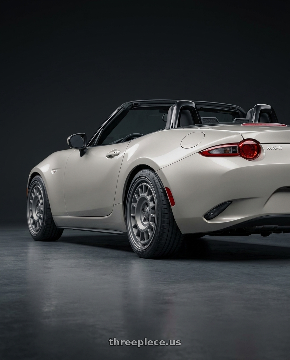2021 Mazda MX-5 Miata ND with fifteen52 ALPEN MX 5x114.3 17x8 +38 FROSTED GRAPHITE (SATIN GREY) wheels rear three quarter view square tires