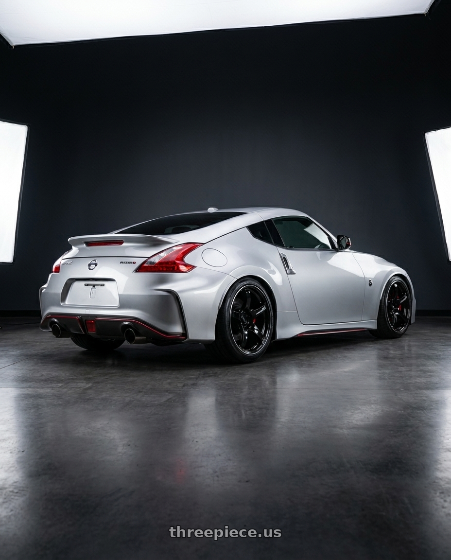 2018 Nissan 370z Nismo with Advan Racing TC4 5x120 18x9.5 +38 RACING GLOSS BLACK (NO RING) wheels rear three quarter view slight stretch tires