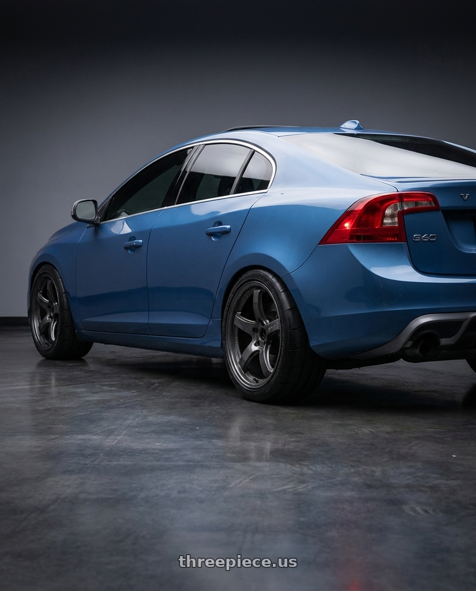 2015 volvo s60 t6 with Gram Lights 57CR 5x108 18x8.5 +37 GLOSSY GRAY wheels rear three quarter view square tires