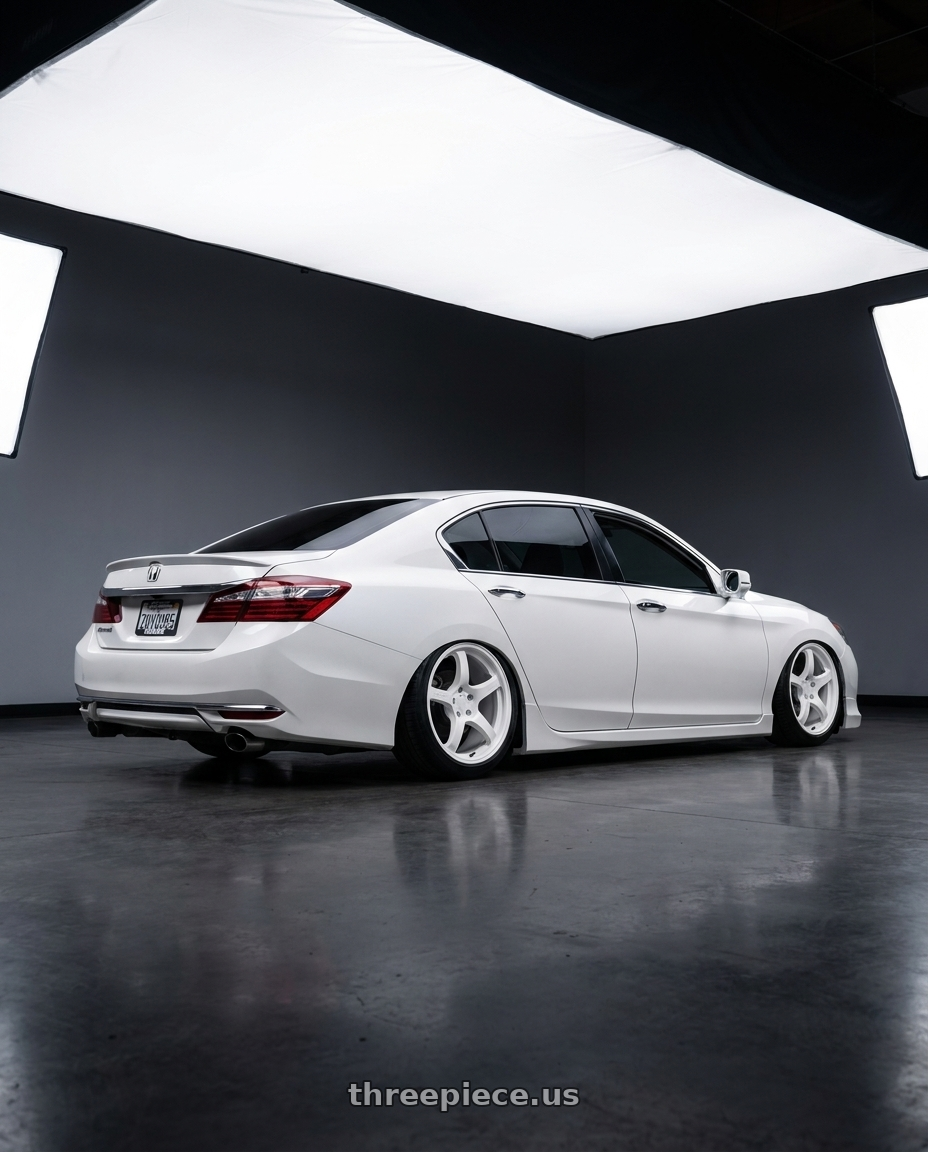 2016 Honda accord with Gram Lights 57CR 5x120 19x9.5 +35 CERAMIC WHITE PEARL wheels rear three quarter view square tires