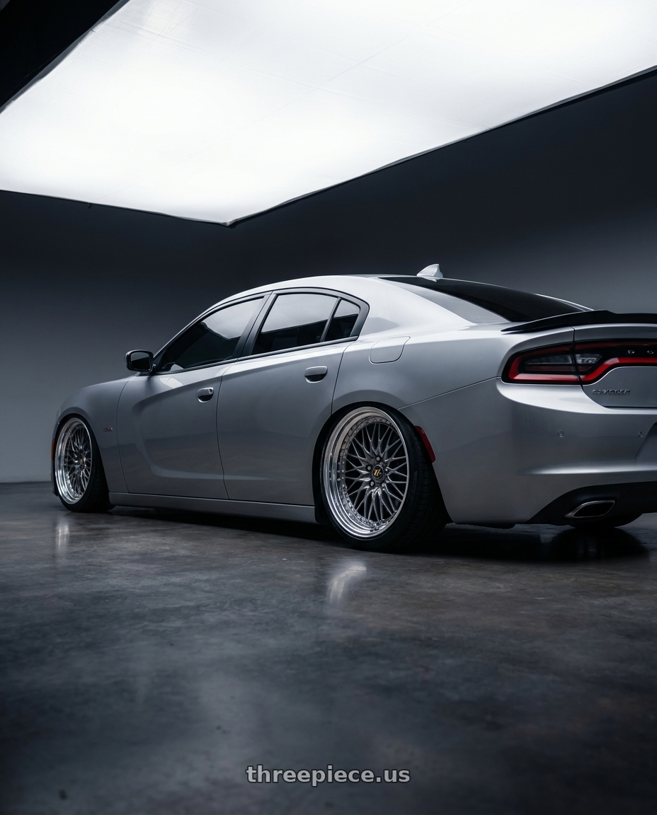 2016 dodge charger rt with Work Vs-Xv 5x115 20x10.5+21 A Disk Brilliant Silver Black wheels rear three quarter view slight stretch tires