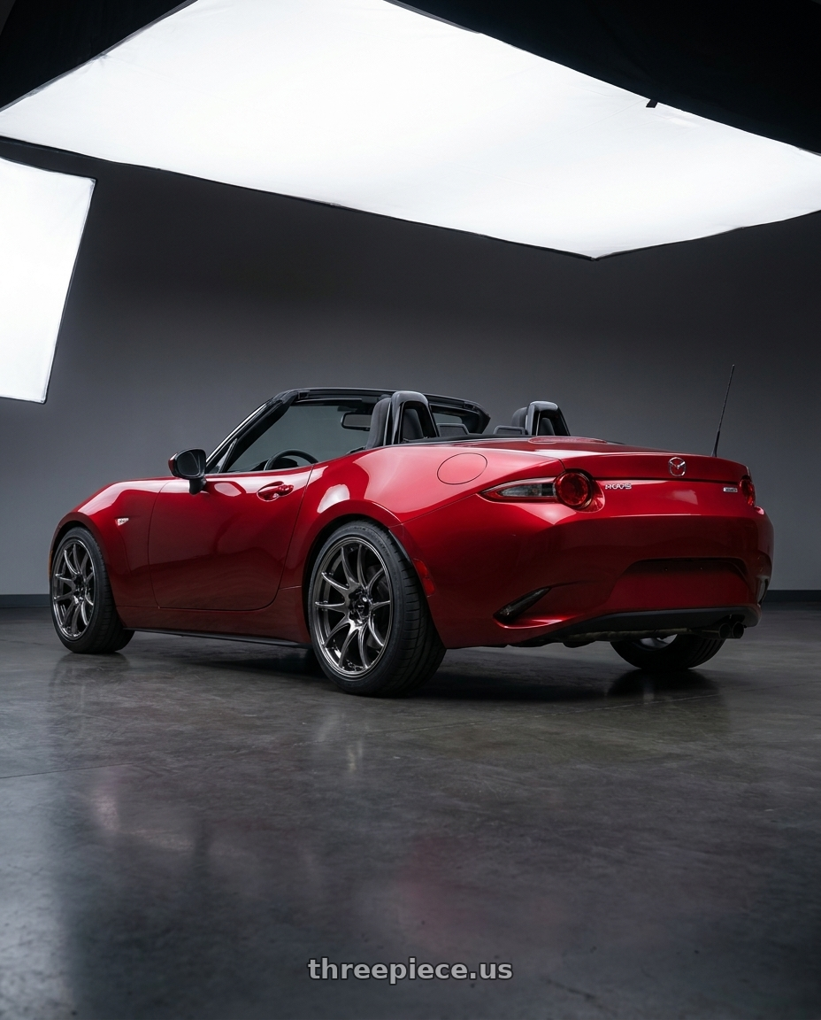 2024 mazda mx5 with Vors TR4 4x100/4x114.3 17x8  +35 Hyper Black wheels rear three quarter view square tires