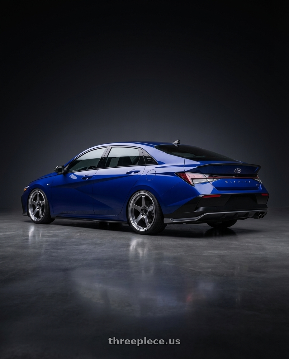 2025 Elantra N Line  with Advan Racing GT PV 5x120 19x8.5 +47 MACHINING & HYPER PLATINUM BLACK wheels rear three quarter view square tires