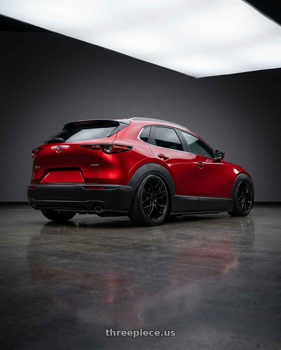2022 Mazda cx30 with KATANA RACING KR01 5x108 17x7.5 +40 Glossy Black wheels rear three quarter view slight stretch tires