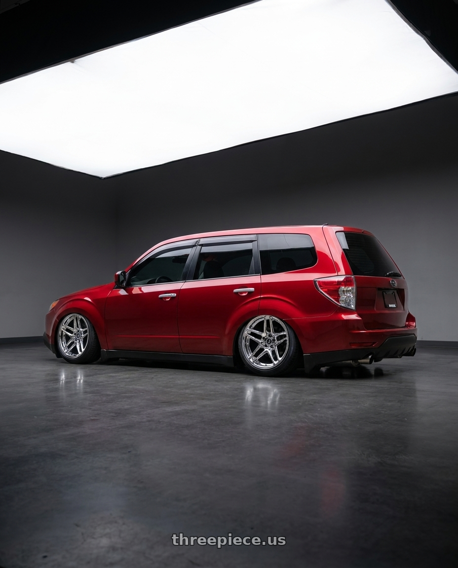 2009 subaru forester with Heritage Wheel EBISU MonoC 5x100 18x11+6 Chrome wheels rear three quarter view slight stretch tires