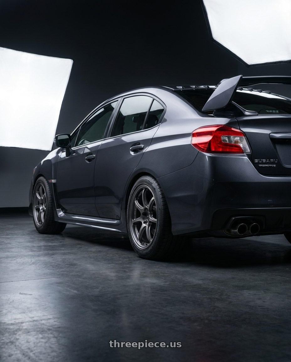 2021 WRX STI with Enkei PF09 5x114.3 18x9.5+40 Dark Silver wheels rear three quarter view meaty tires