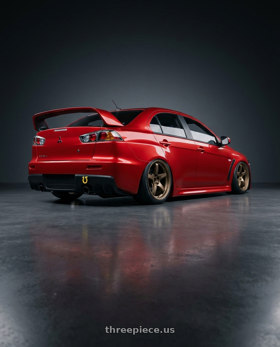 2012 Mitsubishi Lancer Evo X with Gram Lights 57CR 5x114.3 18x9.5+12 Bronze II wheels rear three quarter view slight stretch tires