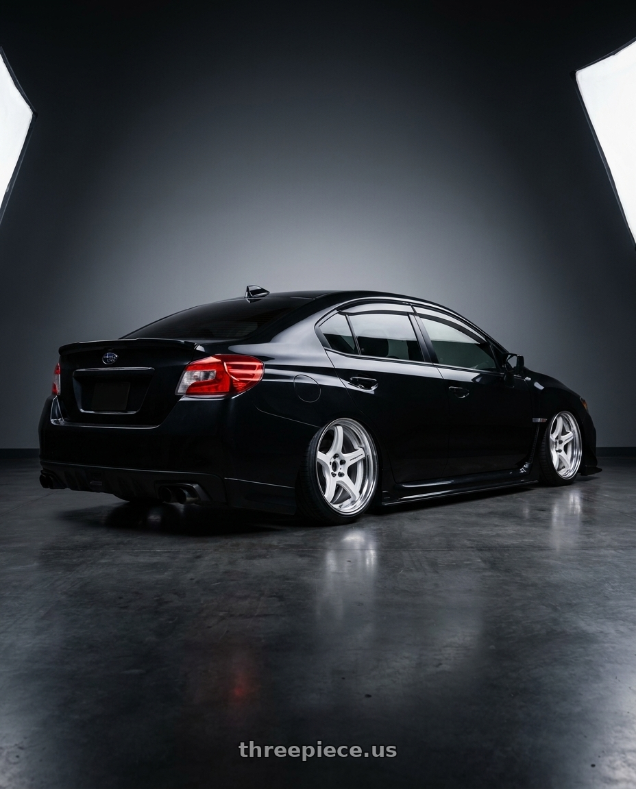 2015 Subaru wrx black with Work T5R 2P 5x114.3 18x10.0 +0 WHITE wheels rear three quarter view slight stretch tires