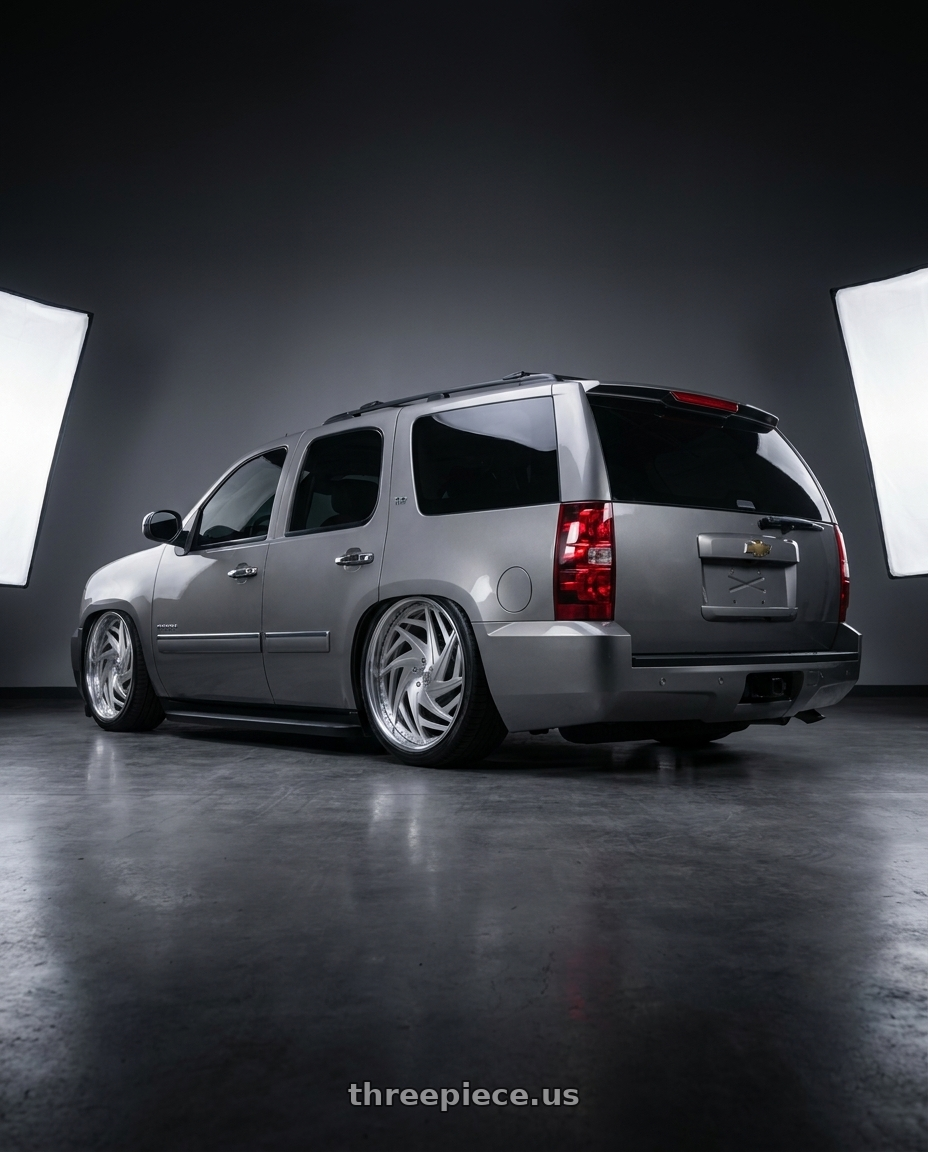 2009 Chevy Tahoe LTZ with Asanti Forged 863 5x127 26x10 +3 BRUSHED wheels rear three quarter view slight stretch tires