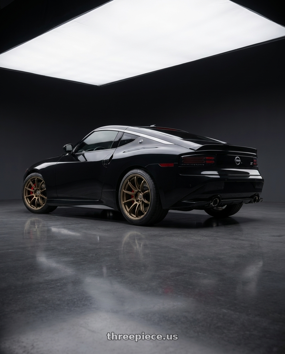 2024 Nissan Z Performance with Work Zr10 2P 5x114.3 20x10.5 +18 Matte Bronze wheels rear three quarter view square tires