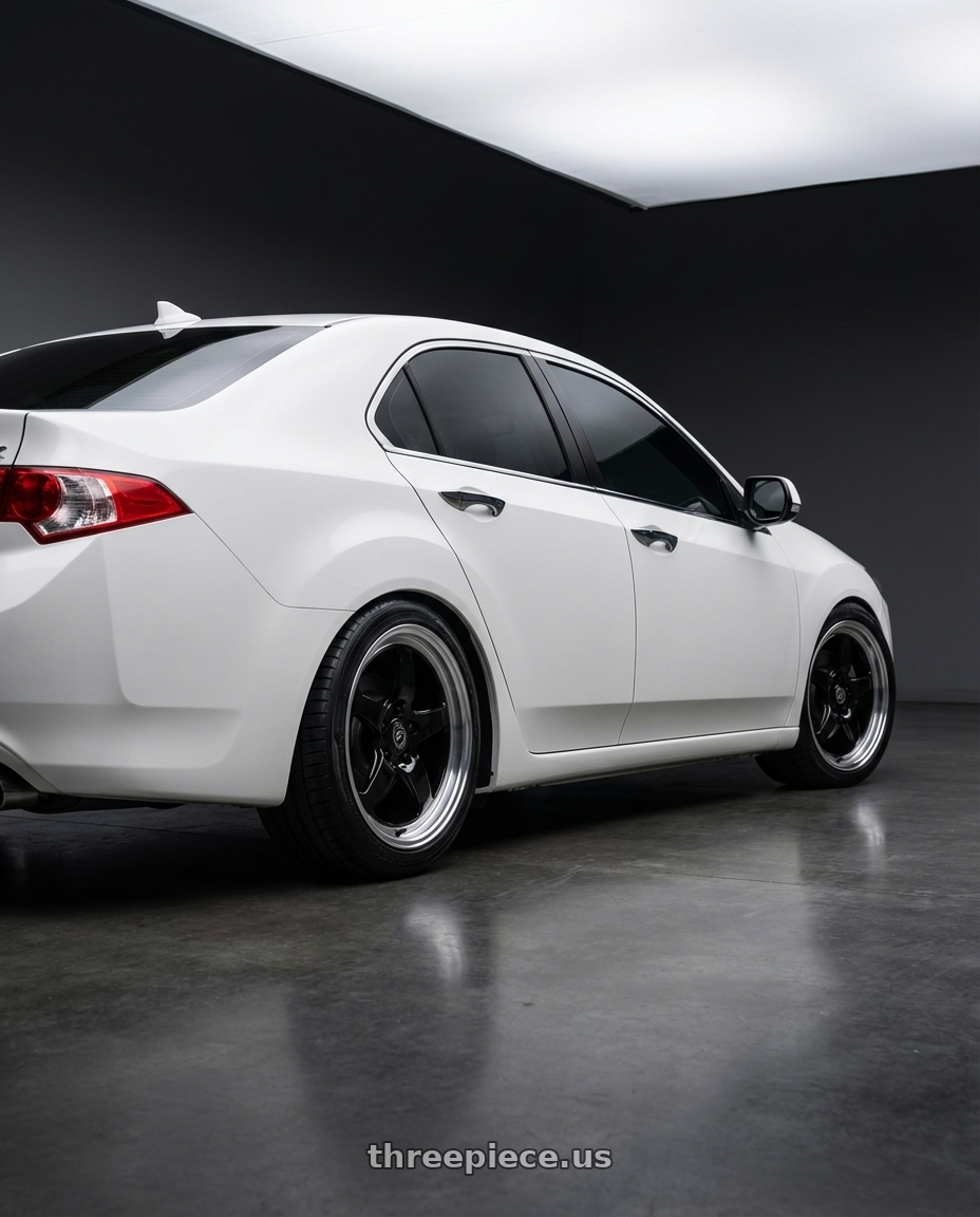 2013 Acura TSX with Forgestar D5 Drag 5x114.3 18x10 +22 Gloss Black Machined wheels rear three quarter view square tires
