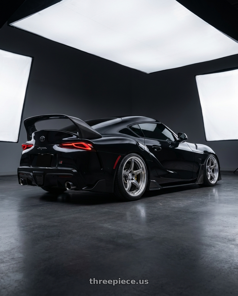 2021 Toyota GR SUPRA with Work T5R 2P 5x112 20x10.5 +38 GT SILVER wheels rear three quarter view slight stretch tires