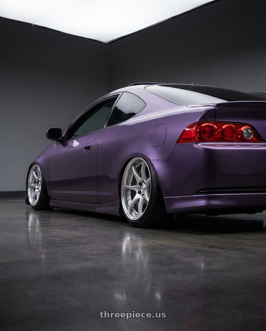 2006 Acura Rsx type s with Work Emotion Cr 3P 5x114.3 18x9.5+22 A Disk Burning Silver wheels rear three quarter view slight stretch tires