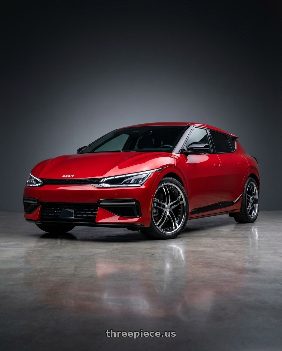 2024 kia ev6 with XIX Wheels XIX 15 5x108 20x8.5 +35 Gloss Black Machined with Stainless Steel Lip wheels front three quarter view stock stance