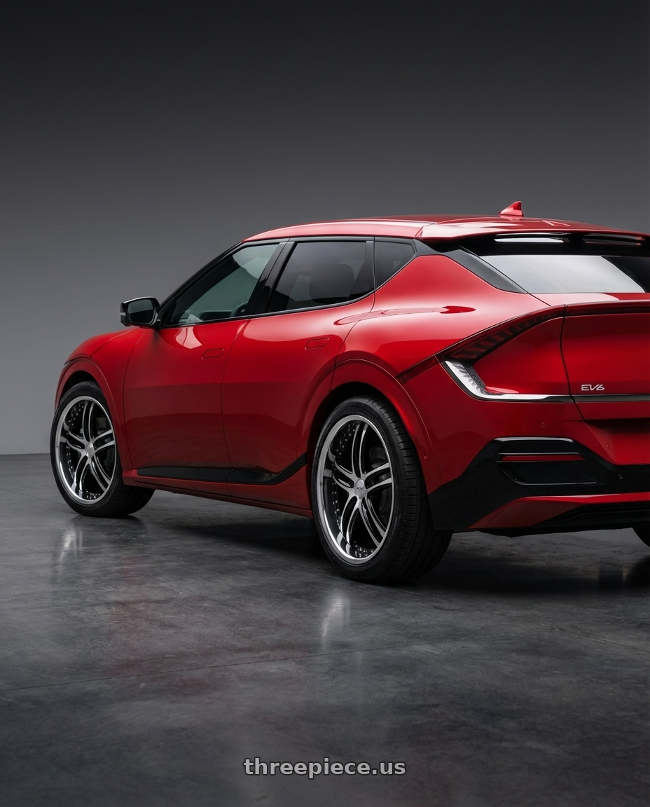 2024 kia ev6 with XIX Wheels XIX 15 5x108 20x8.5 +35 Gloss Black Machined with Stainless Steel Lip wheels rear three quarter view square tires