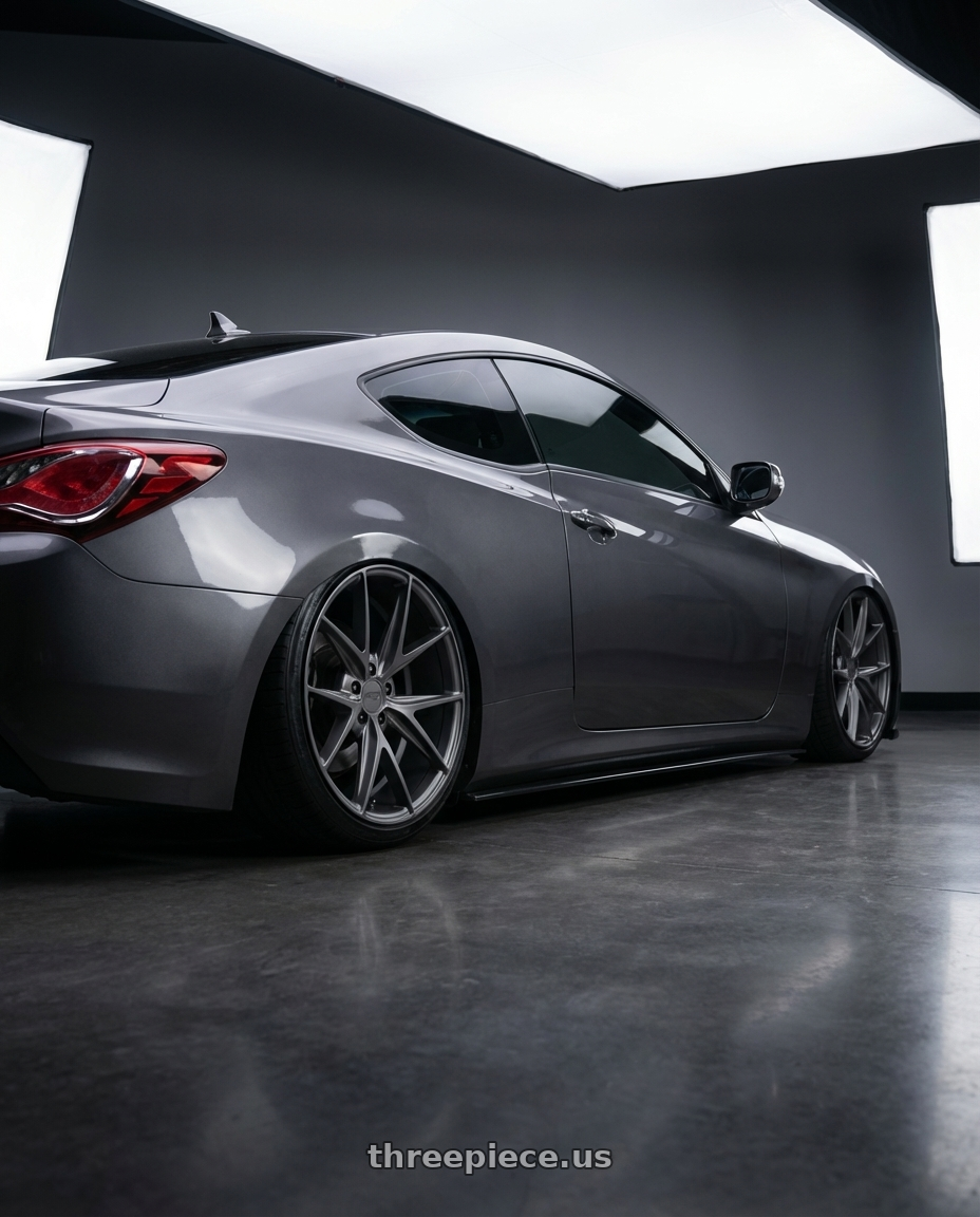 2014 Hyundai Genesis Coupe with Niche 1PC M116 MISANO 5X114.3 19X9.5 +35 MATTE GUN METAL wheels rear three quarter view slight stretch tires