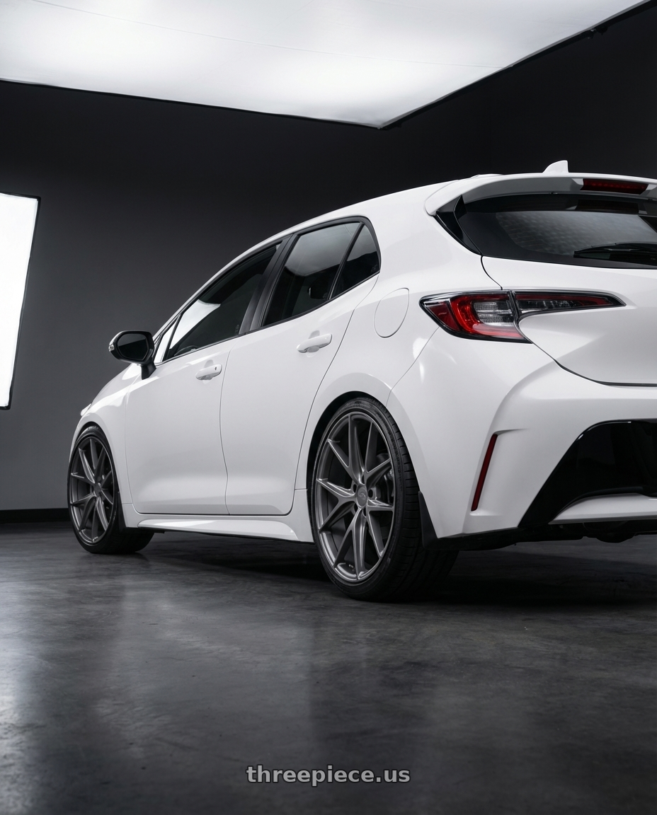 2023 Toyota Corolla Hatchback with Niche 1PC M116 MISANO 5X114.3 18X9.5 +40 MATTE GUN METAL wheels rear three quarter view square tires