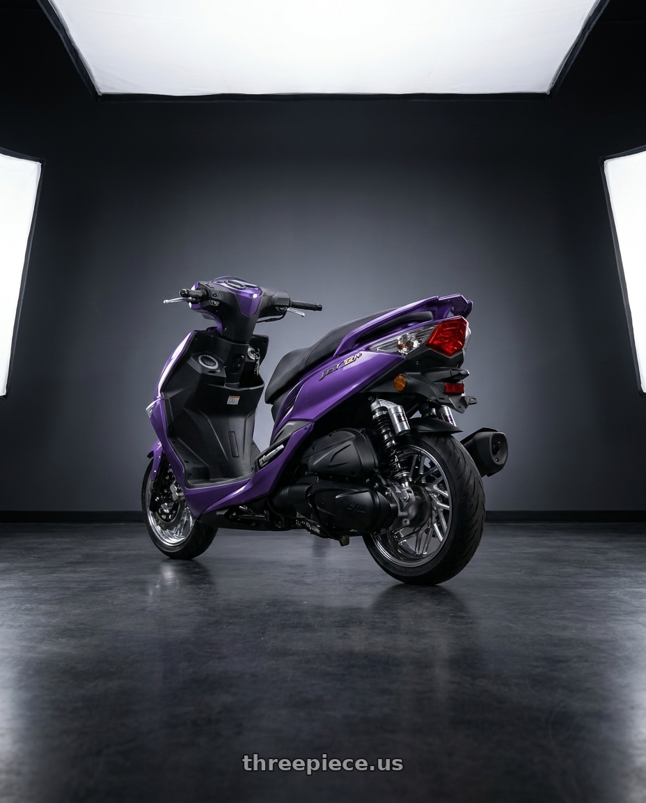 2024 SYM JET SL+ 158 with Carolina Forged Asheville 5x135 28x16 -101 High Polish wheels rear three quarter view slight stretch tires