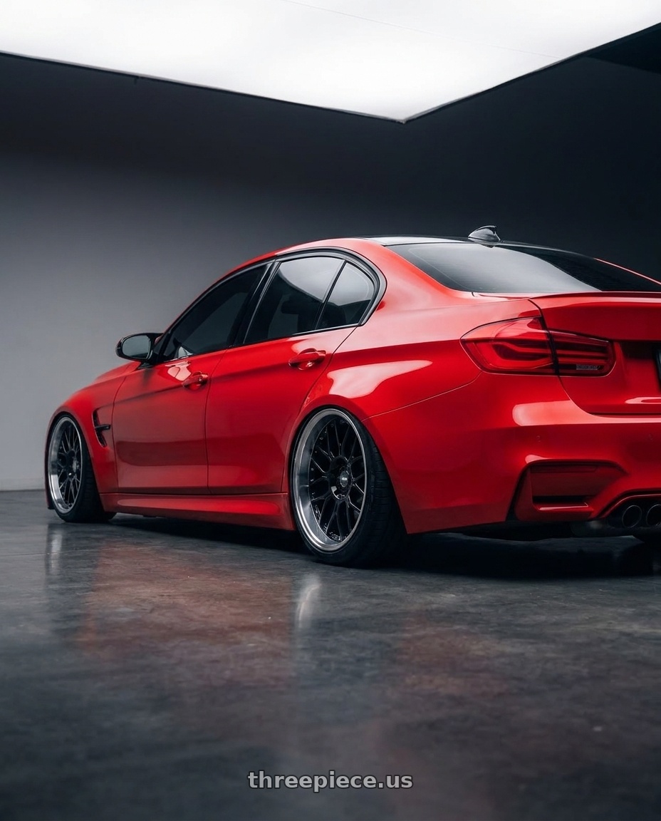 2016 bmw m3 with ESR Wheels CS18 5x120 19x9.5 +22 Gloss Black wheels rear three quarter view slight stretch tires