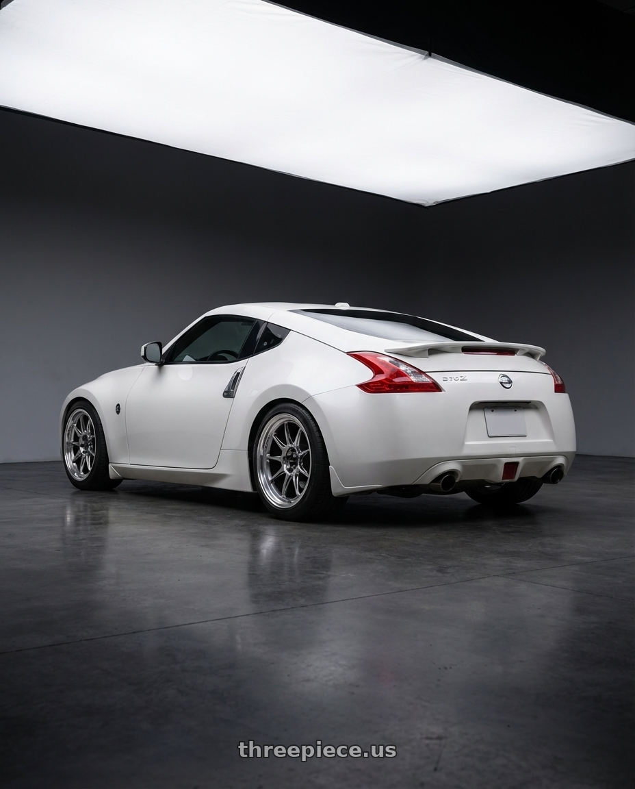 2019 Nissan 370Z with Konig Countergram 5x114.3 19x11+18 Hyper Chrome / Machined Lip wheels rear three quarter view square tires