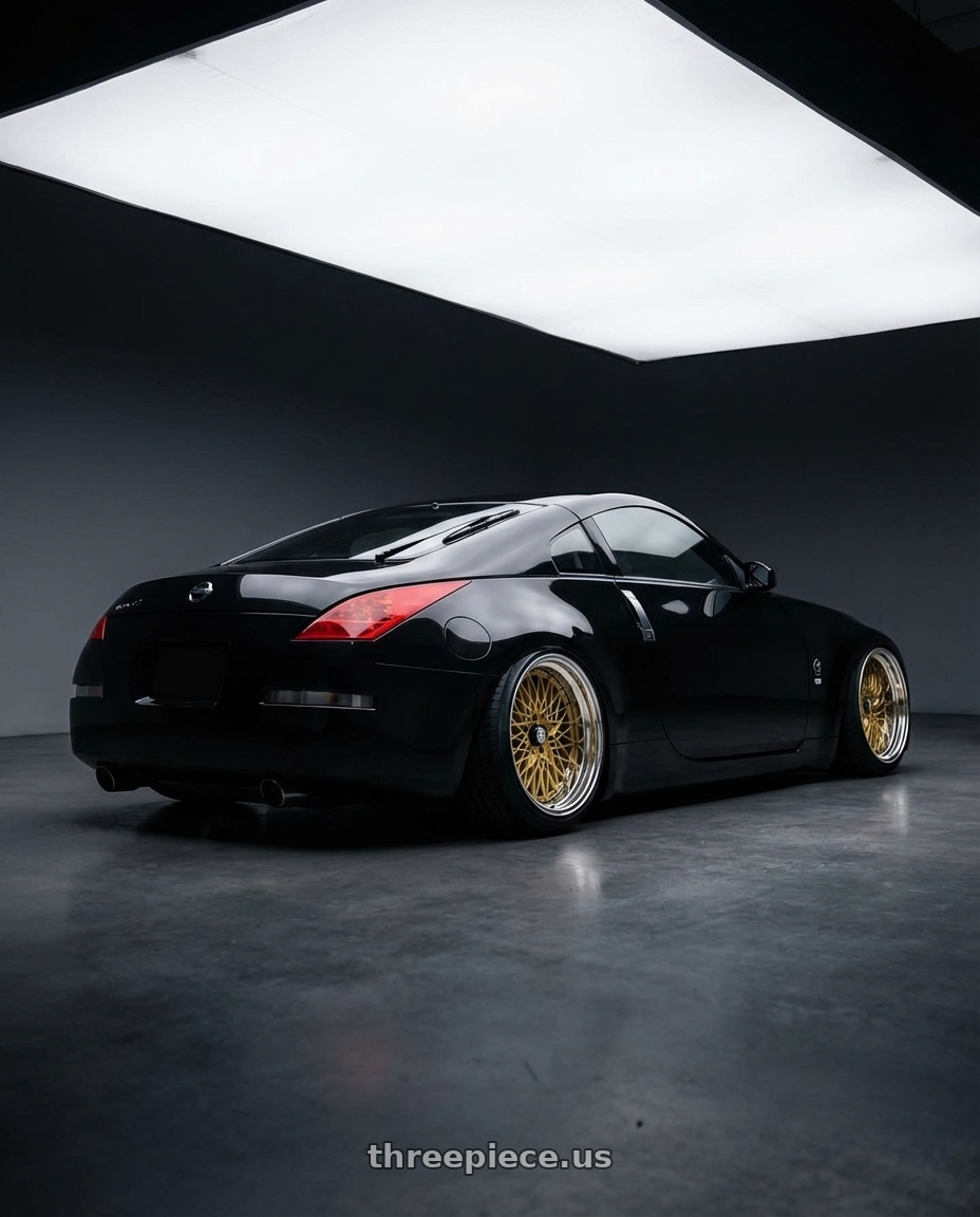 2009 nissan 350z with SSR Formula MESH 5X100 18X8.5+0 HP Disk Fm Gold wheels rear three quarter view extreme stretch tires