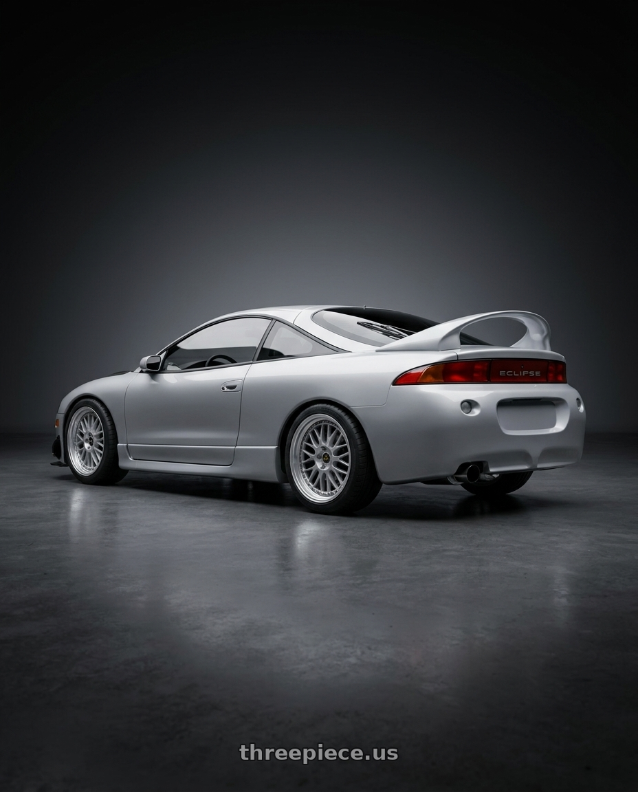 1998 mitsubishi eclipse gsx with Work Vs-Xx 5x114.3 18x10.5+7 A Disk Light Grey Silver wheels rear three quarter view square tires