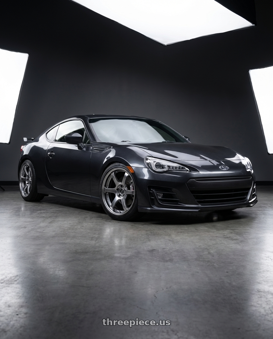 2017 Subaru BRZ Performance Dark Grey Metallic with Ssr Reiner Type 6R 5x114.3 18X8 38 Normal Disk Titan Silver wheels front three quarter view lowered stance