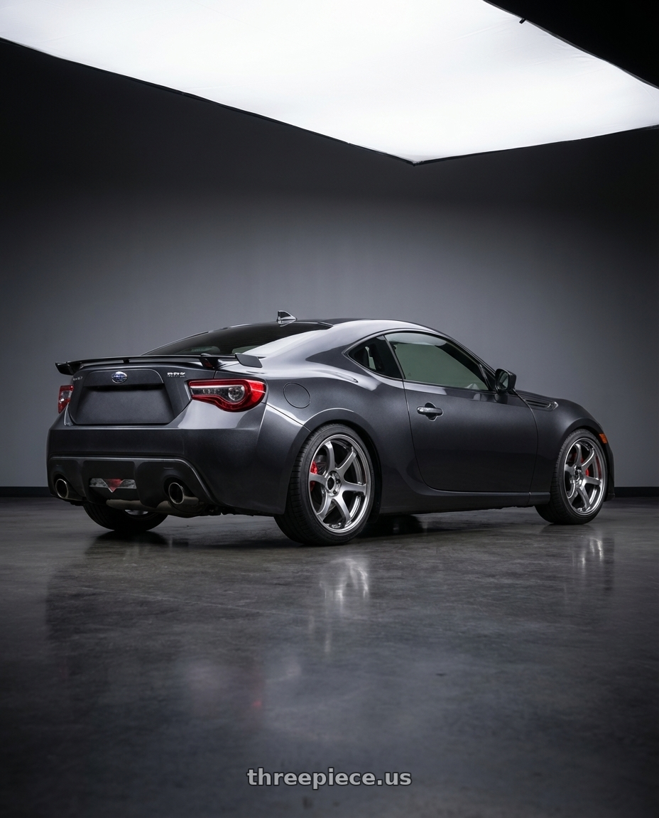 2017 Subaru BRZ Performance Dark Grey Metallic with Ssr Reiner Type 6R 5x114.3 18X8 38 Normal Disk Titan Silver wheels rear three quarter view square tires