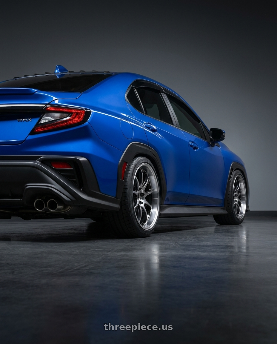 2022 subaru wrx with Work Emotion D9r 5x100 18x9.5 +38 Gt Silver Rim Cut wheels rear three quarter view square tires