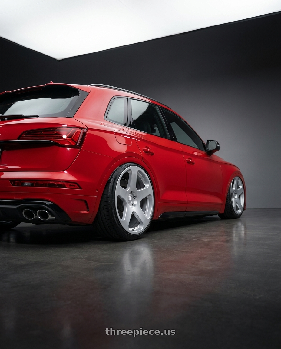 2026 Audi SQ5,Red with Rotiform RC200 NUE 5X120 20x8.5 +35 GLOSS SILVER wheels rear three quarter view slight stretch tires